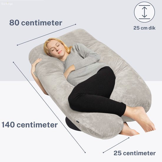 Earkings Zwangerschapskussen Zijslaapkussen 140x80cm U-vorm met Afneembare hoes - Body Pillow lichtgrijs