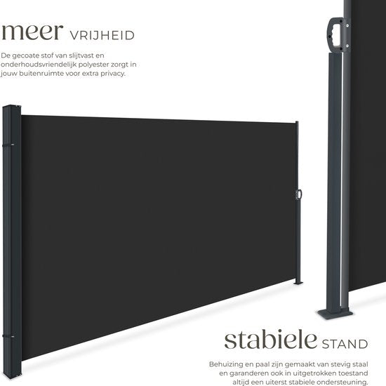 tectake® Uitschuifbaar Windscherm met Oprolmechanisme - 300 x 160 cm - Zijluifel met Aluminium Frame- Zonnescherm - Tuinscherm - Zwart Balkonscherm - Ondoorzichtbaar Privacyscherm - Markiesdoek