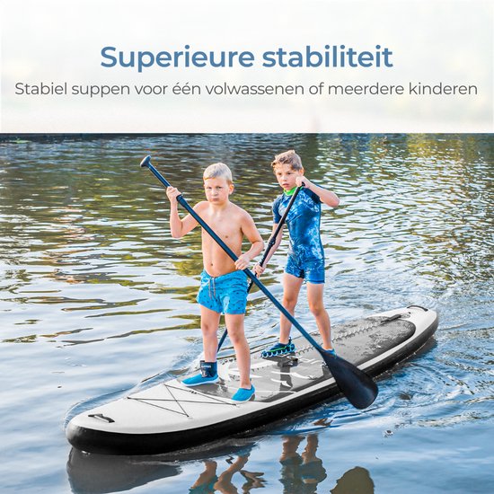 Supper Sup Board - Max. 120KG - Opblaasbaar – Paddle Board – Pomp – Vin – Leash – Draagtas – 285 x 76 cm - Zwart