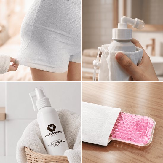 Vulpes Goods®BabyCare - Kraampakket voor Herstel na Bevalling - Peri-fles, Witch Hazel Spray, Hazel Liners, Kraam Ondergoed & Cooling Pads - Kraamcadeau voor Mama - Kraam Kit - Postpartum Box - Vaginale Douche - Incl. Schoudertas