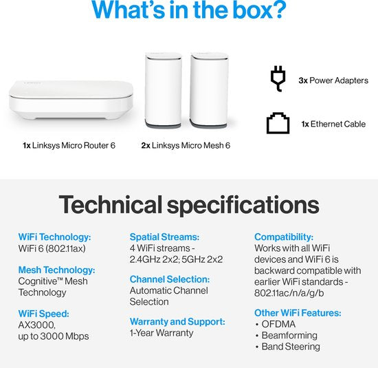 Linksys Velop Micro Mesh 6 - Router - WiFi 6 - Dual-band - Mesh WiFi - 3000 Mbps - 3-pack - Wit