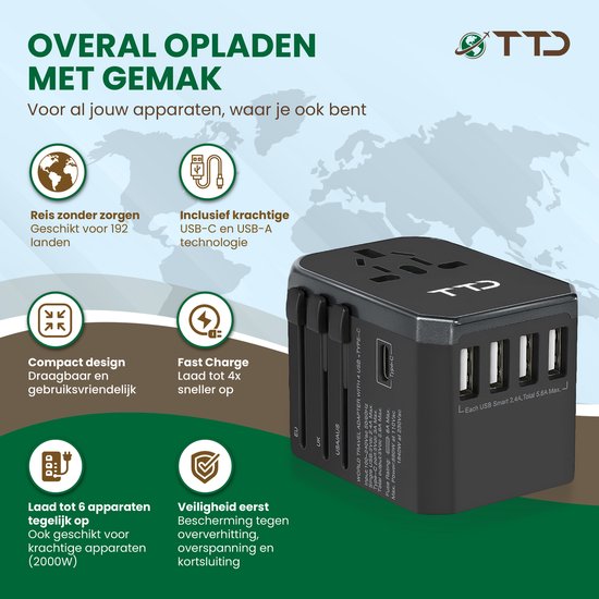 TTD® Wereldstekker Universeel - Reisstekker Type A B C E F G I met USB-C en 4x USB-A Fast Charge - Geschikt voor o.a. Amerika, Australië, Engeland en Japan - Reisadapter - Travel Adapter