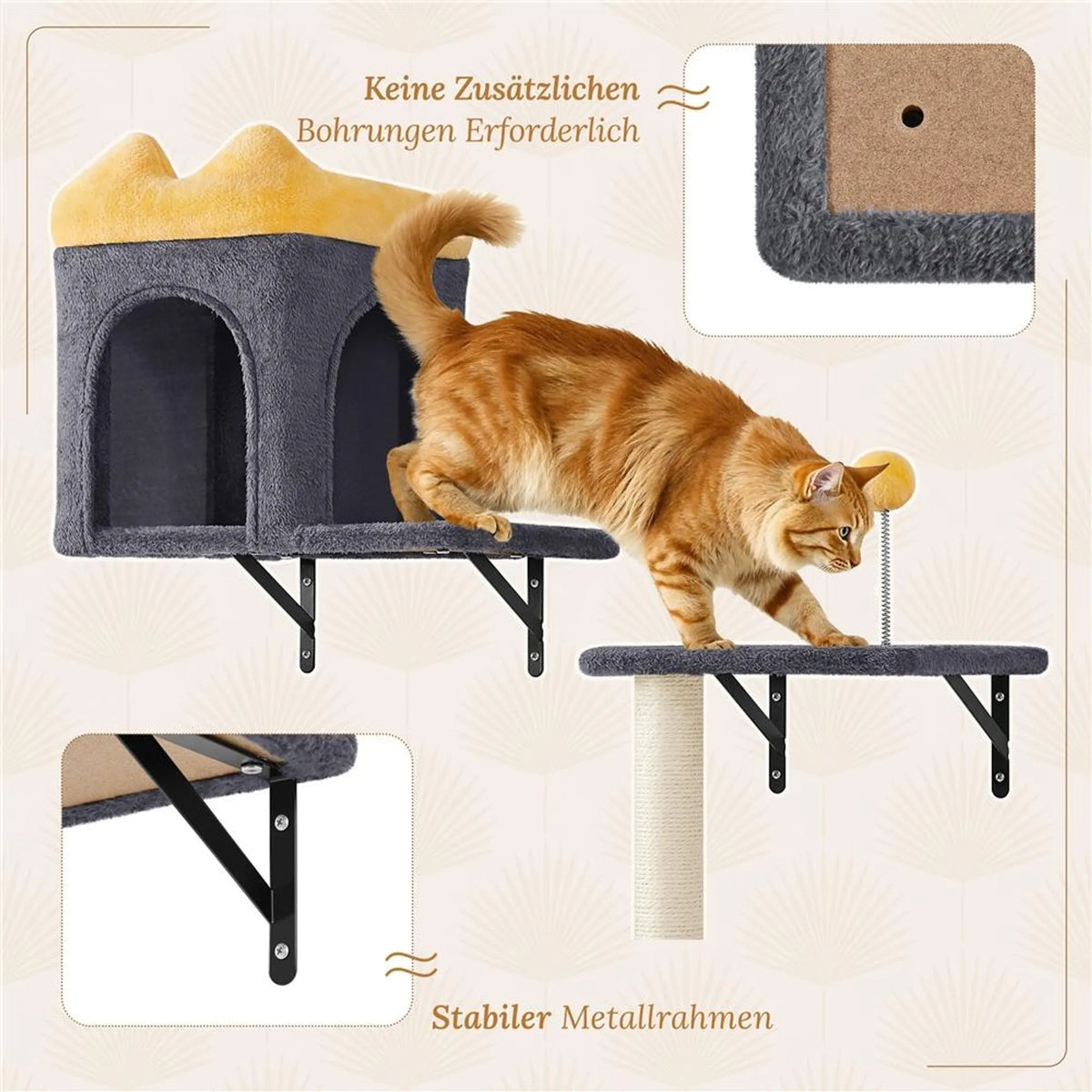 Yaheetech Kattenmeubels Voor Wandmontage Set – 49 x 30 x 40 cm – Voorzien Van Kattenhol En Ligmand En Sisal Krabpalen En Meerdere Platforms – Voor 1-5 Katten – Donkergrijs Pluche En Metaal