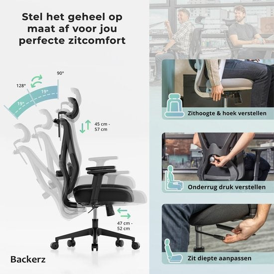 Backerz – Ergonomische Bureaustoel – 44-56 cm Zithoogte & EN1335 Gecertificeerd – Voorzien Van 3D Armleuningen En Verstelbare Lendensteun – Voor Kantoor En Gaming – Zwart Polypropeen En Mesh