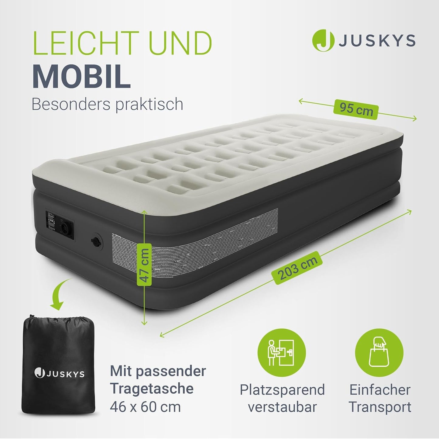 Juskys Luchtbed Zelfopblazend - Ingebouwde Elektrische pomp -  191 x 91 x 44 cm - Incl. Opbergtas - Grijs