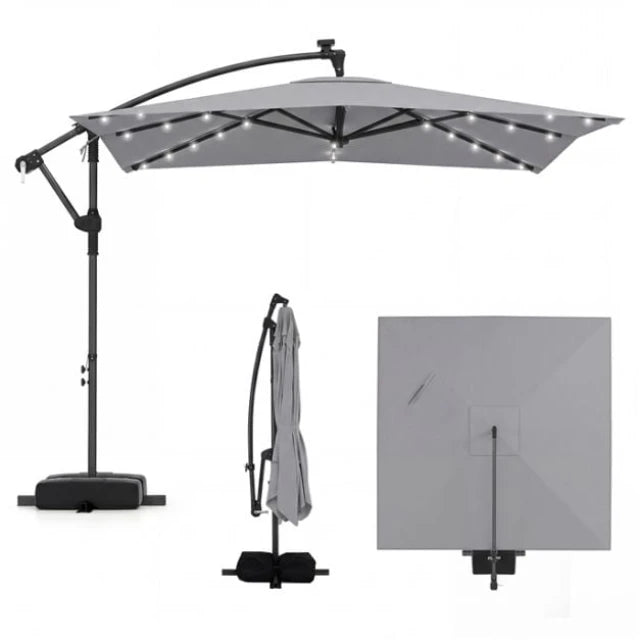 Coast Zweefparasol Grijs – 360° Draaibare Tuinparasol met LED, Slinger en Zandzakken – 250 x 250 x 240 cm