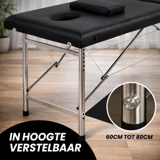 Fitby Massagetafel - Massagetafel Inklapbaar - Behandeltafel - 200kg Draagvermogen Verstelbare Hoogte (60-80 cm) – 180x60 cm - Zwart
