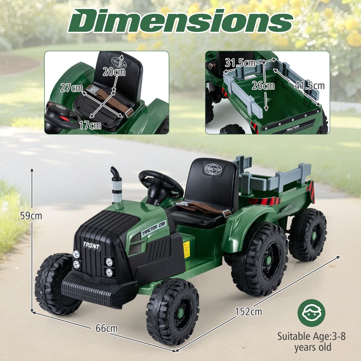 Coast Elektrische Kindertractor met Aanhanger - Dubbele motor - Afstandsbediening - Donkergroen
