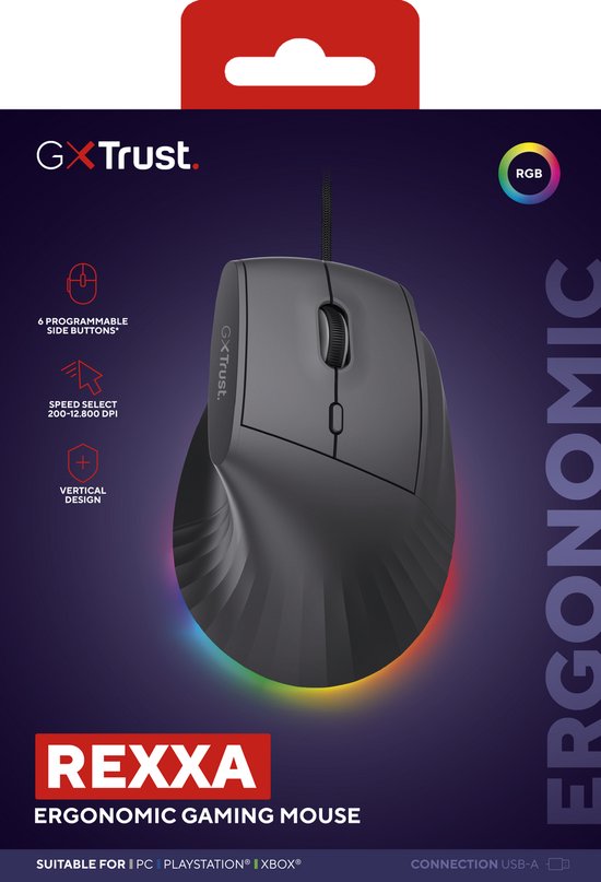 Trust GXT 145 Rexxa - Gaming Muis - Bedraad - 12.800 DPI - RGB Verlichting - Ergonomisch Verticaal - Zwart