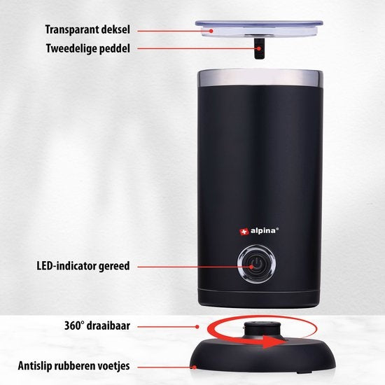 Alpina Elektrische Melkopschuimer - 3-in-1 Melkschuimer - tot 300ml - voor Warme en Koude Melk u2013 Zwart
