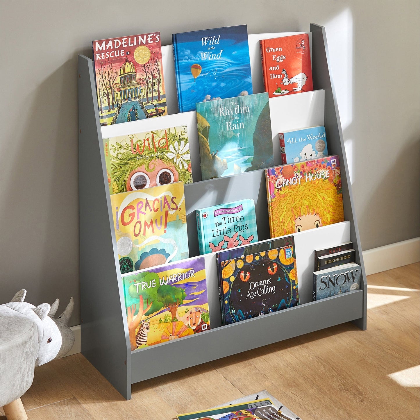 SoBuy Kinderboekenplank - 4 Opbergvakken - Grijs - 80x30x88 cm
