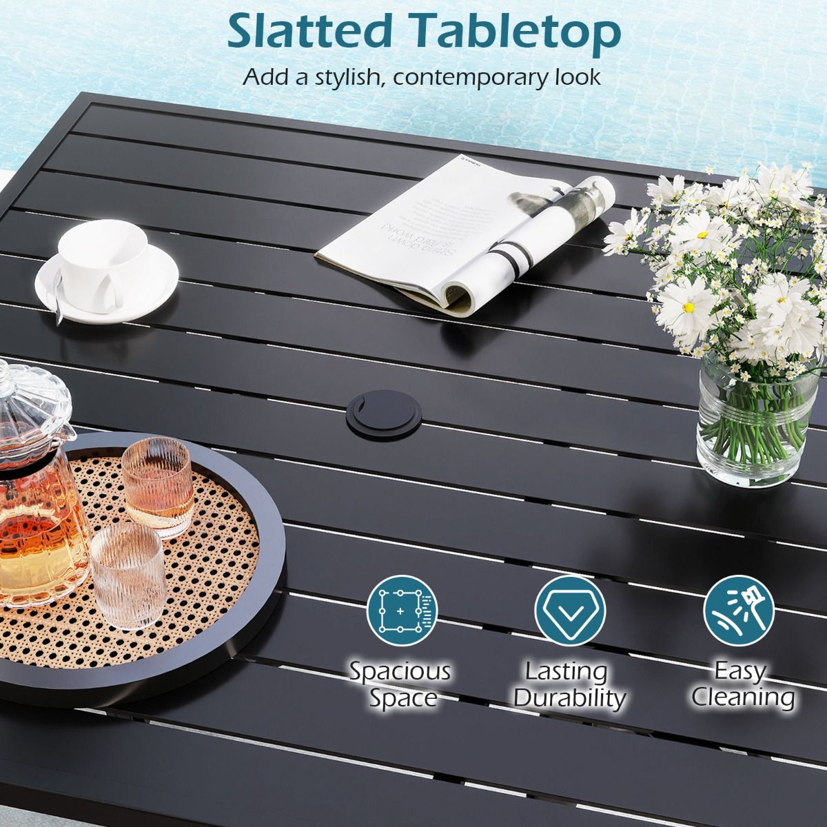 Coast tuintafel met parasolgat - vierkante eettafel - lattenblad - zwart - 91 x 91 cm
