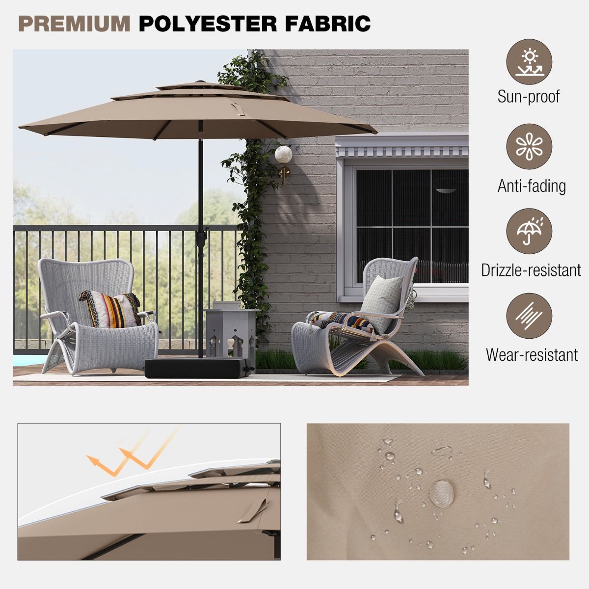 Coast Lichtbruine Tafelparasol 300 cm – 3-Lagen Zonnescherm met Kantelmechanisme en Handslinger – Tuinparasol met 8 Ribben en Geventileerde Kap