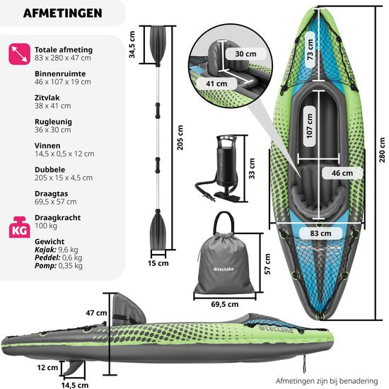 tectake® - Opblaasbare Kajak - Opblaasbare Kano voor 1 persoon met dubbele peddel en accessoires - Zitje, pomp, transporttas - Watersport - Roeiboot