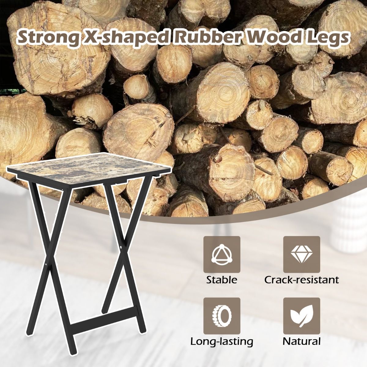 Coast 4-delige Klaptafelset TV-Snacktafel - Inklapbaar, Met Opbergstandaard, Marmerlook - 48 x 40 x 67 cm - MDF/Rubberhout - Zwart