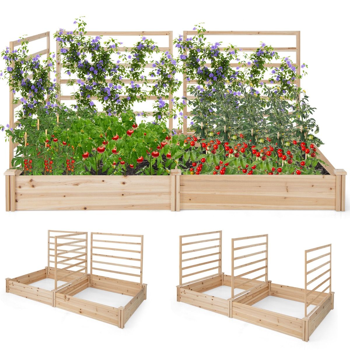 Coast Houten Plantenbak met 3 Klimrekken - Verhoogd Tuinbed - Open Bodem - Natuurlijk Dennenhout - 222 x 114 x 110 cm