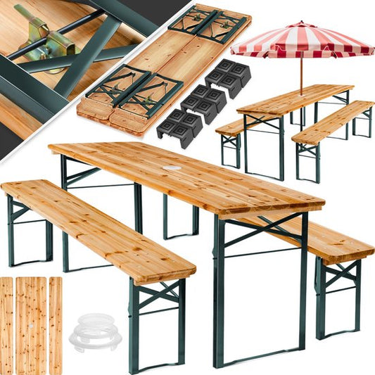tectake® biertentenset met tafel en 2x bierbanken, met parasolhouder - biertentenset, balkonmeubilair met 1x klaptafel en 2x bierbanken, opvouwbaar, 170 x 46 x 78 cm, gelakt