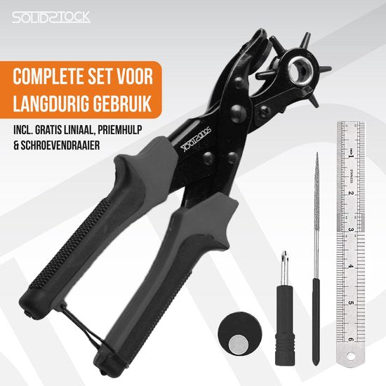 SolidStock Professionele Gaatjestang voor riem - Inclusief Meetlat - Ponstang - Revolvertang - Zwart