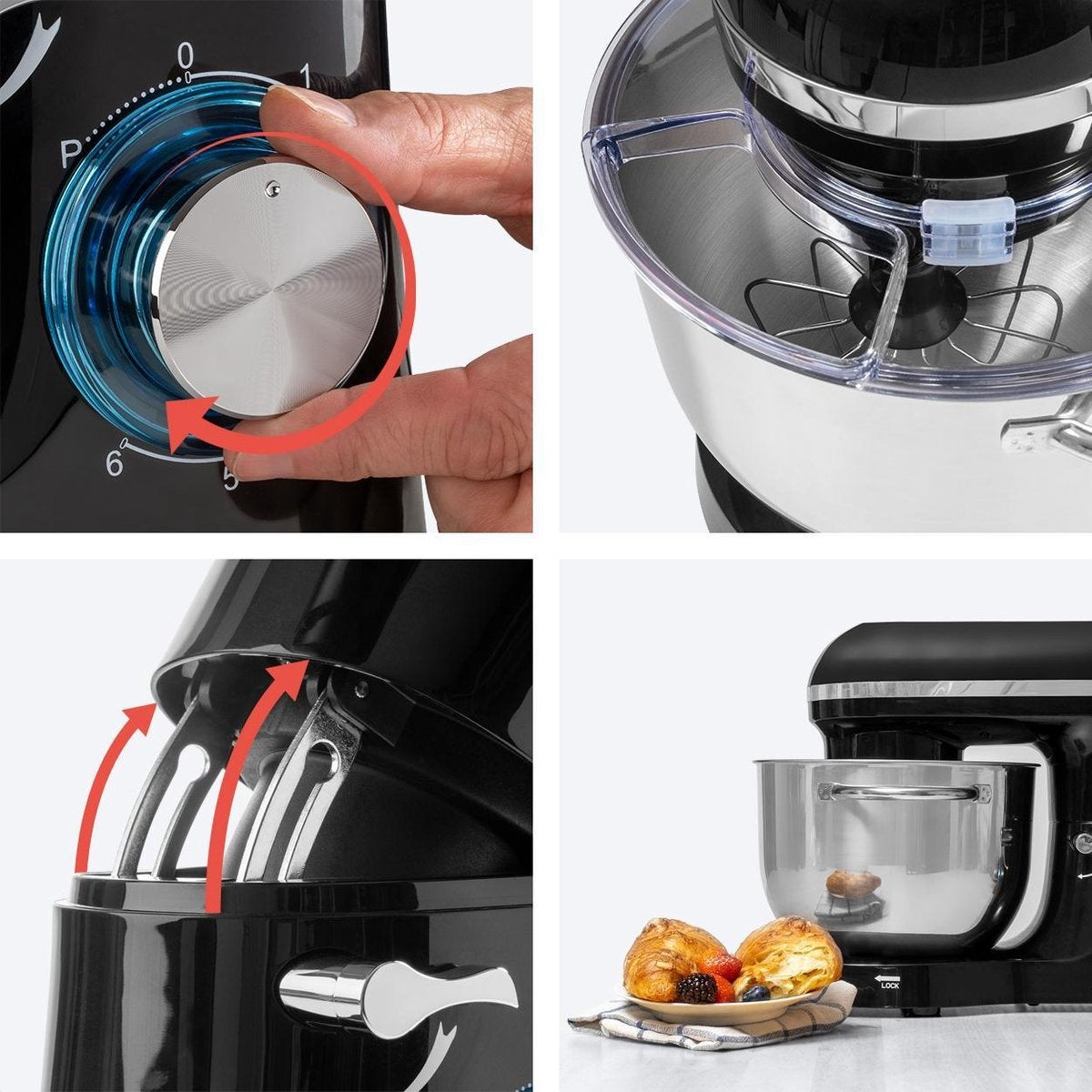 KitchenBrothers Keukenmachine & Keukenmixer – Incl. Mengkom – 1400 W – 38,7 x 23,8 x 31,4 cm – Zwart