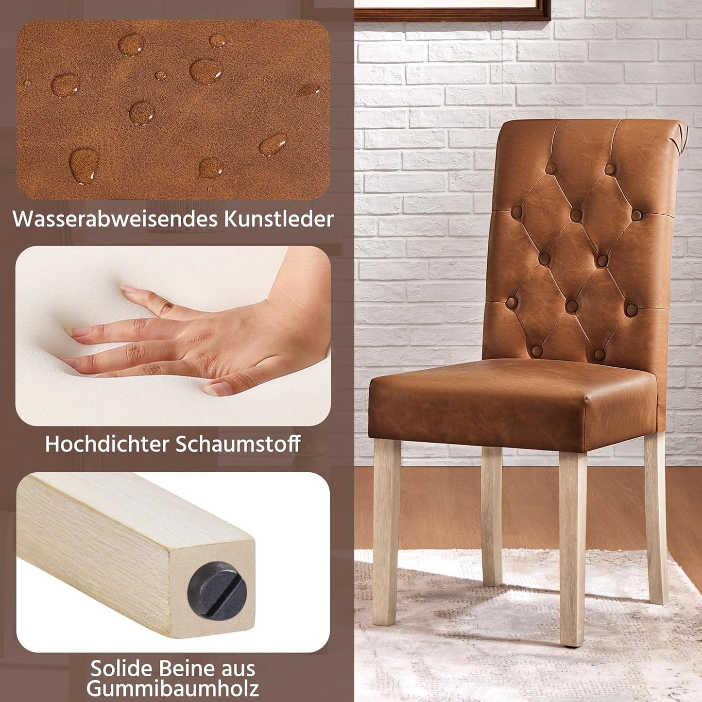 Yaheetech Eetkamerstoelen Set van 2 – Gestoffeerde Keukenstoelen met Hoge Rugleuning – 62 x 45,5 x 98,5 cm – Bruin