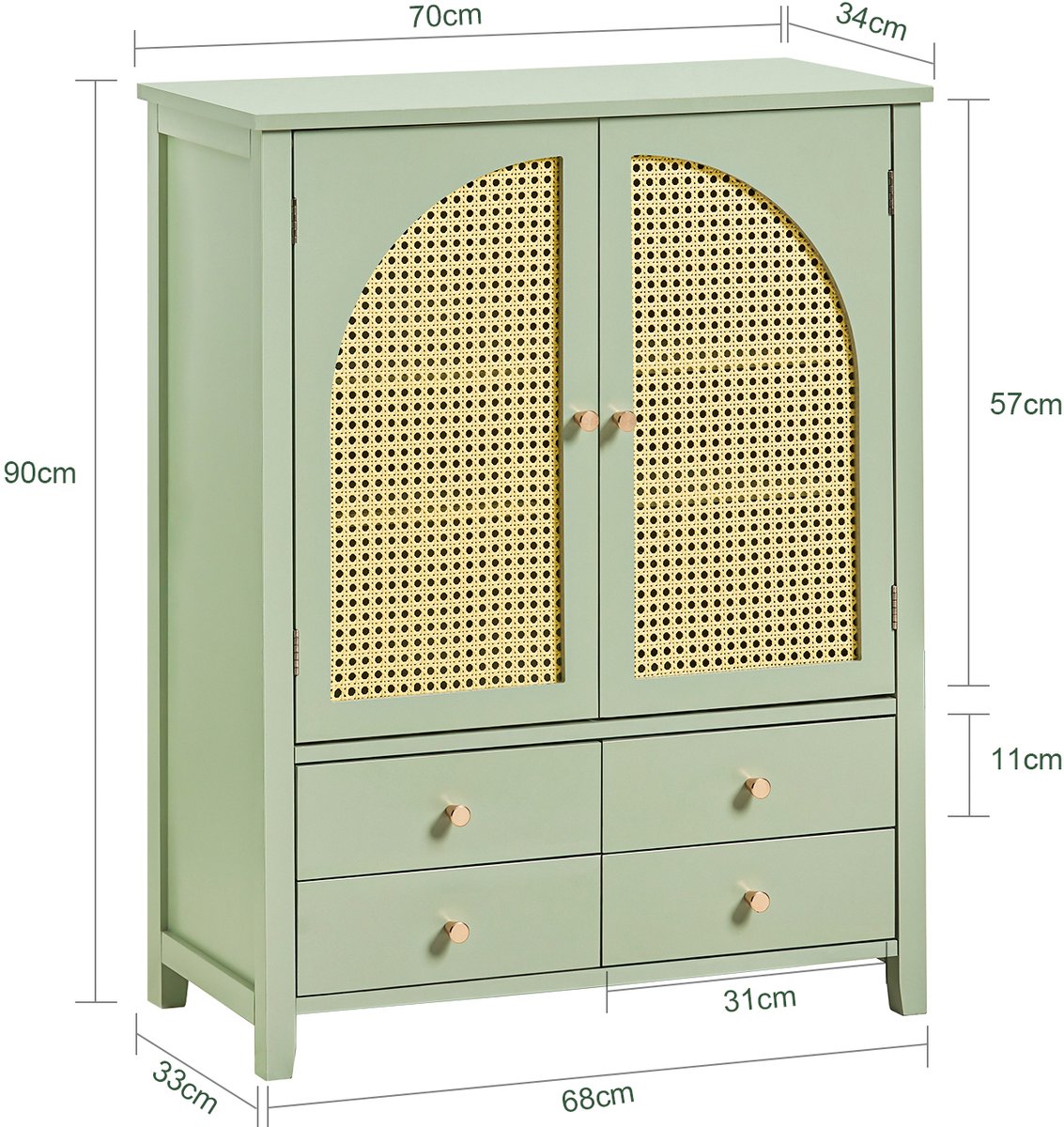 SoBuy Schoenenkast – 4 Lades & 2 Deuren met Rattan – 70x34x90 cm – Groen