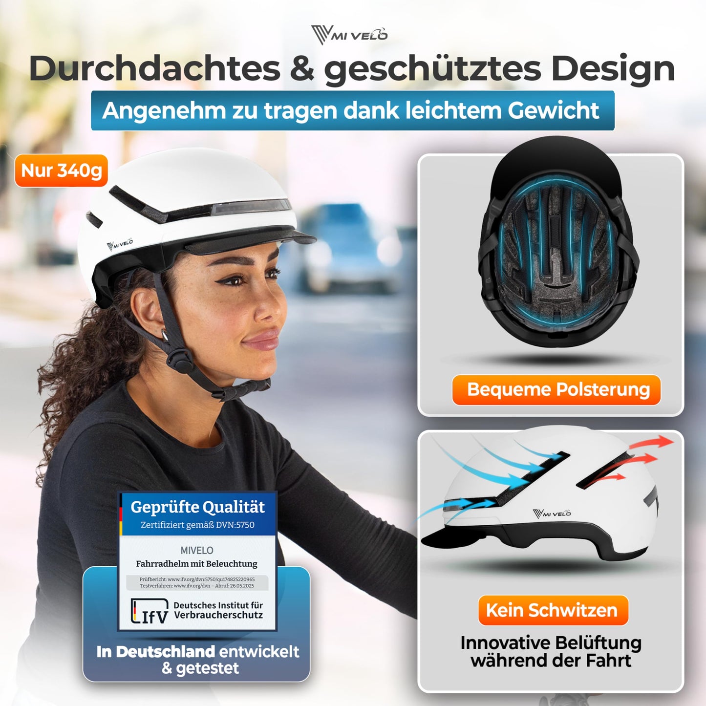 MiVelo Nova fietshelm - wit maat M 54-58 cm - led verlichting voor en achter - NTA 8776 tot 45 km/h