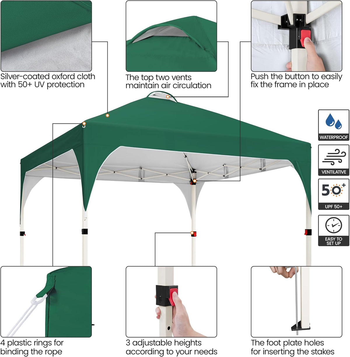 Vouwpaviljoen 3 × 3 m Pop-up Tuinpaviljoen In Hoogte Verstelbaar met Ventilatie en Draagtas Donkergroen