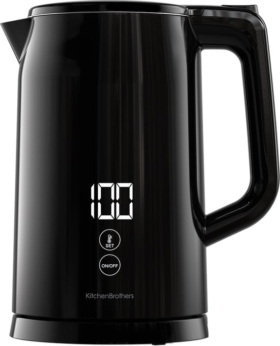 KitchenBrothers Waterkoker - Met Temperatuurregeling - Elektrisch - Kalkfilter - Warmhoudfunctie - Display - Dubbelwandig - Cool-touch - 1,7L - 2200W - Zwart
