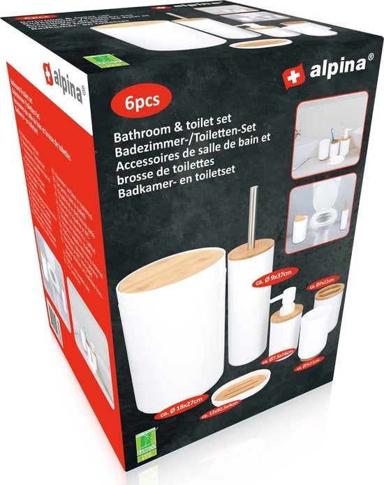 alpina Badkamerset - Toiletset - 6-Delig - Zeepdispenser - Tandenborstelhouder - Toiletborstel - Prullenbak - Zeepbakje - Beker - Bamboe - Wit