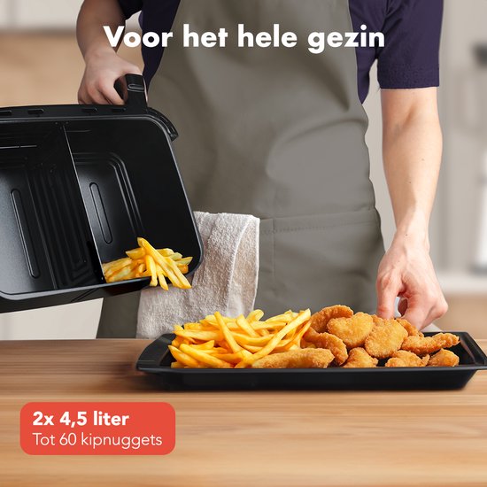 KitchenBrothers Airfryer XXL Dual Zone - 9L - 2400W - Heteluchtfriteuse - Snackverdeler - 50ºC tot 200ºC - 10 Kookprogramma's - Zwart