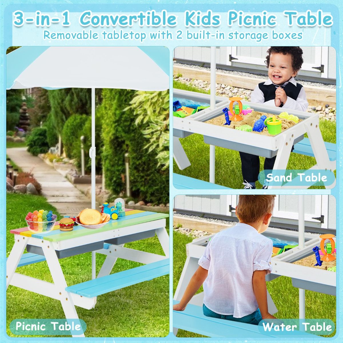 Coast 3-in-1 Kinderpicknicktafelset - met parasol en banken - multicolor