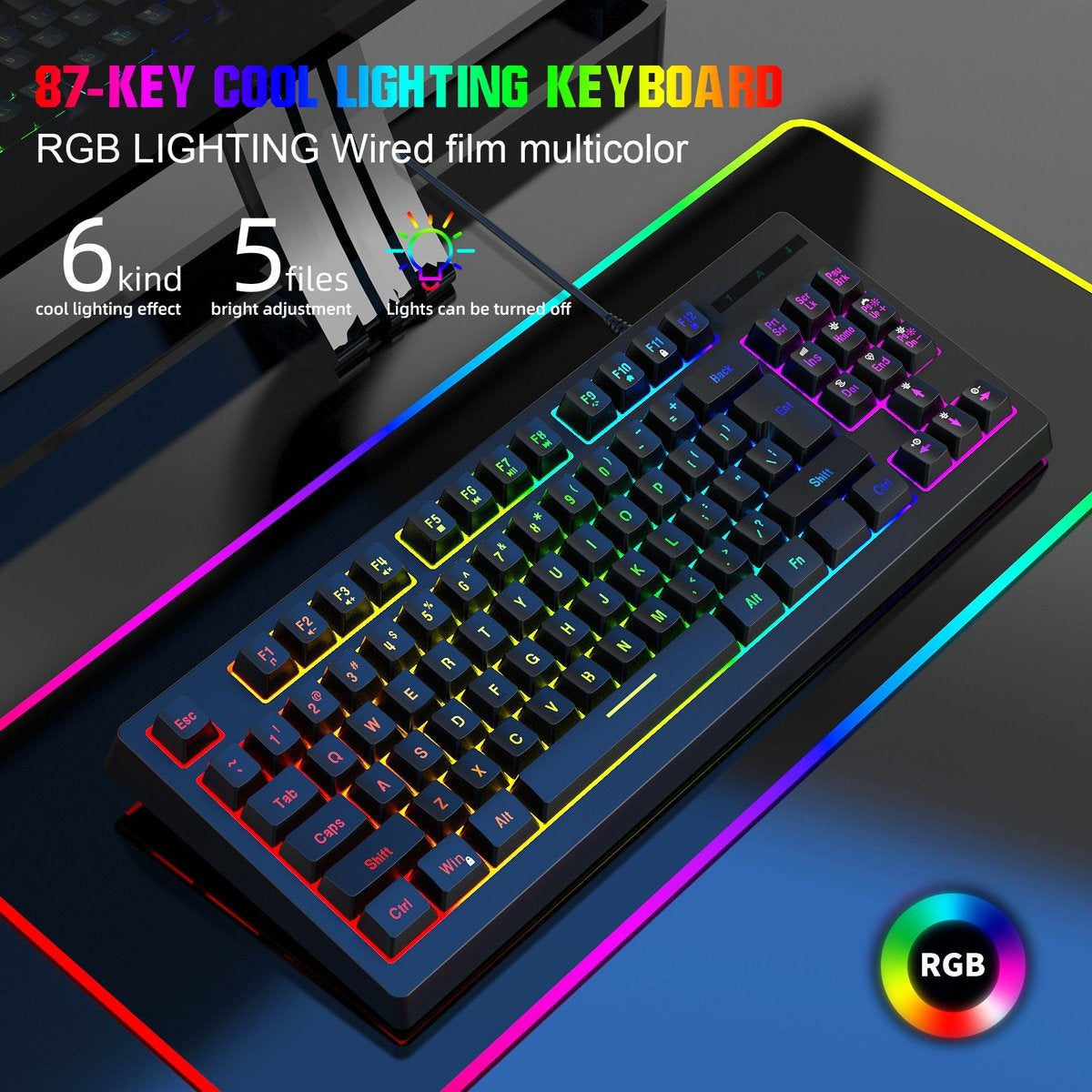 Fuegobird V100 Bedraad Gaming Toetsenborden - Membraan Toetsenbord - RGB Verlichting - TKL - 87 keys - Zwart