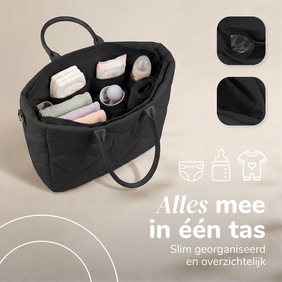 Mommsy Luiertas – Verzorgingstas – Mom Bag – Thermo Vak – Gewatteerde Puffer Stof – Mommy Bag – Extra Ruim – Waterafstotend – Organizer – Lichtgewicht – Zwart