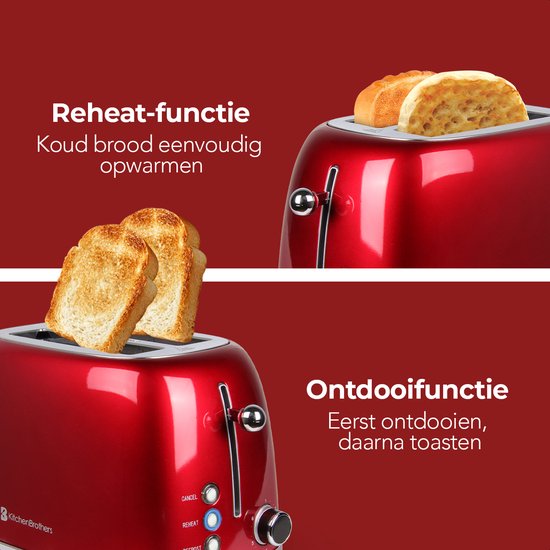 KitchenBrothers Retro Broodrooster - Toaster - 6 Warmteniveaus - 2 Extra Brede Sleuven - 815W - Rood