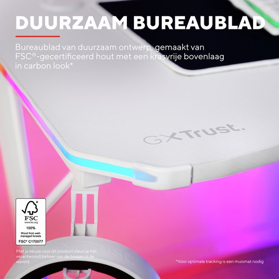Trust GXT 709W Luminus Gaming Bureau - RGB Verlichting – Bekerhouder – Headset houder - Wit