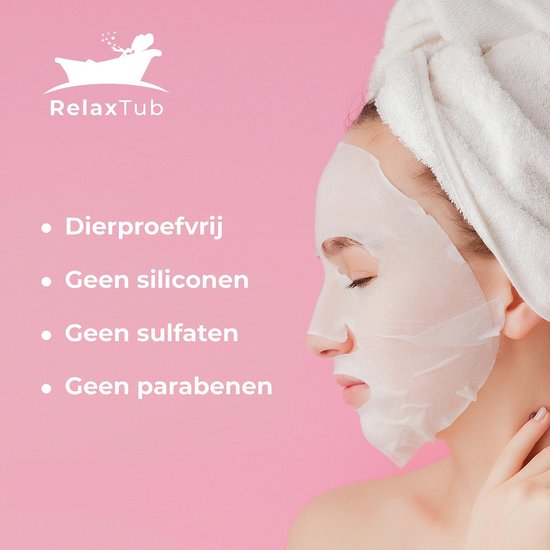 RelaxTub® Gezichtsmasker - 4 Stuks - Gezichtsmaskers Verzorging - Gezichtsmasker Hydraterend - Gezichtsverzorging Dames - Gezichtsmaskers Verzorging Meisjes - Bevat Vitamine C, Argan Olie, Aloë Vera, Ginseng Wortel - Dierproefvrij - 100% Natuurlijk