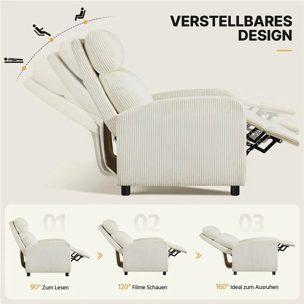 Yaheetech Relaxstoel van Cordstof met Verstelbare Voetsteun - Beige - 61,5 x 87 x 99 cm - Max. 120 kg