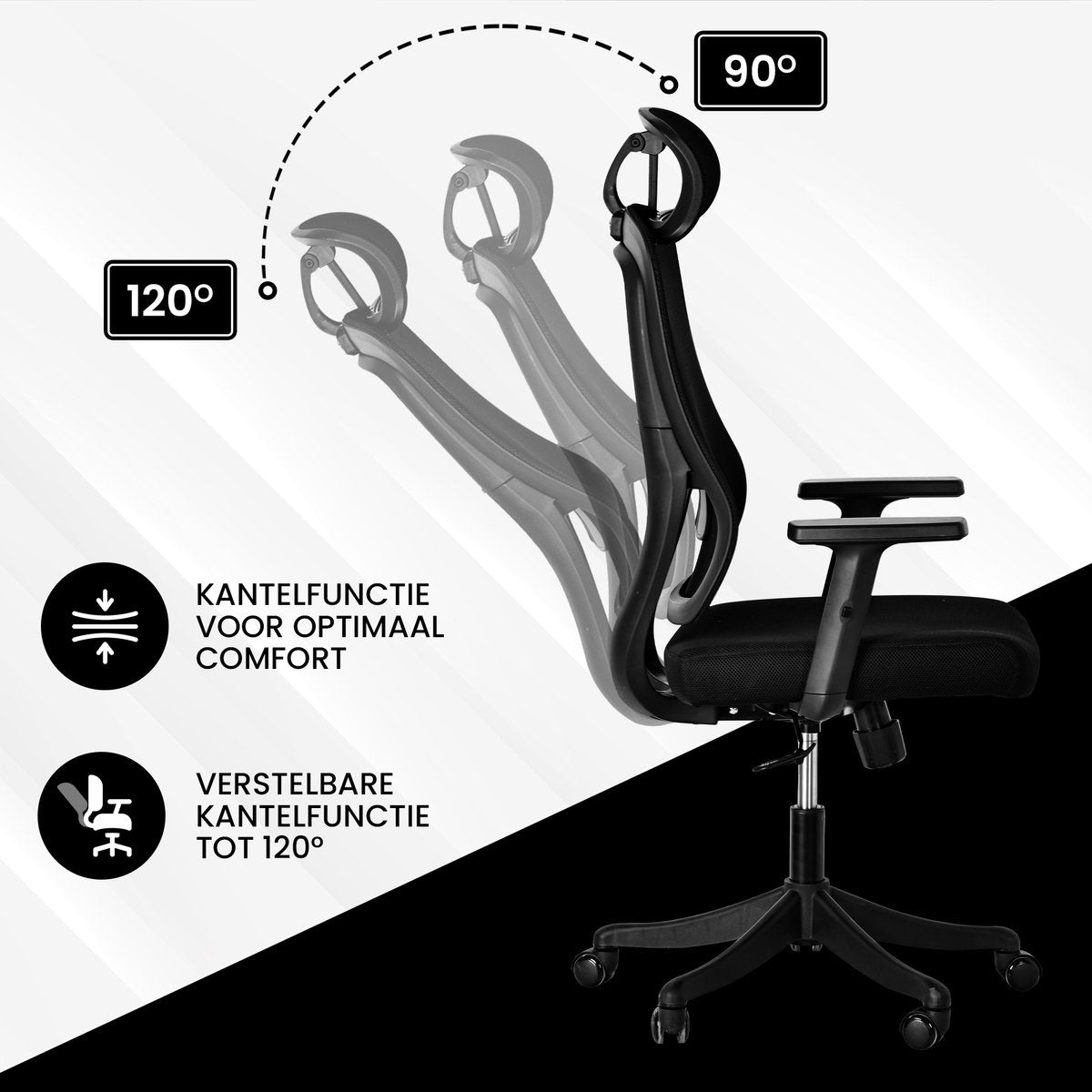 Bayt Ergonomische bureaustoel - Mesh met hoofdsteun en lendensteun - Zwart - 64 x 59 x 121-131 cm