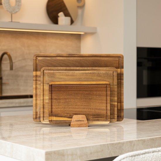 Deleca 3-delige Snijplankenset Sevilla met Houder - Snijplanken (40x30 | 33x24 | 26x18 cm) - Voor Keuken, Serveerplank, Kaasplank, Borrelplank, Snijplank en Tapasplank - FSC Acacia Hout