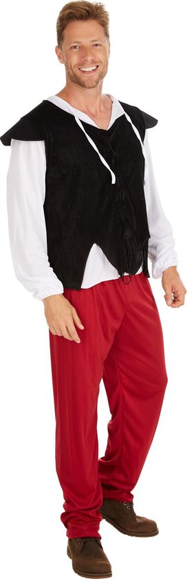DressForFun Herbergier Kostuum Middeleeuwen – Voorzien Van Gilet Met Rijgkoord En Comfortabele Broek En Shirt Met Lange Mouwen – For Carnaval En Themafeesten – Zwart Polyester – Maat L