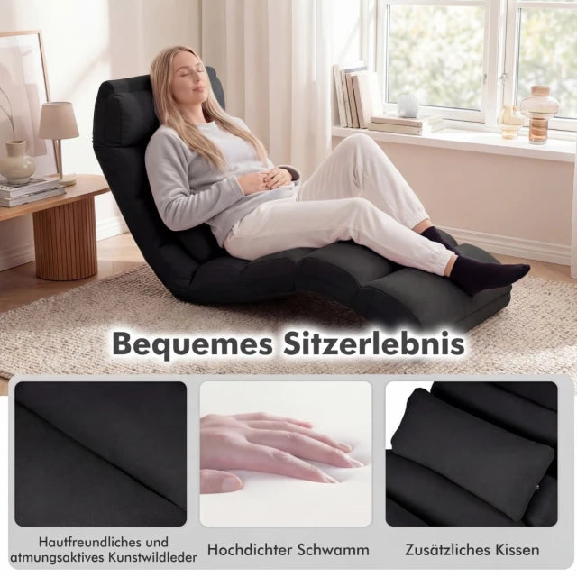 Coast Vloerfauteuil Zwart – Inklapbare Relaxstoel met Slaapfunctie – 175 x 55 x 20 cm