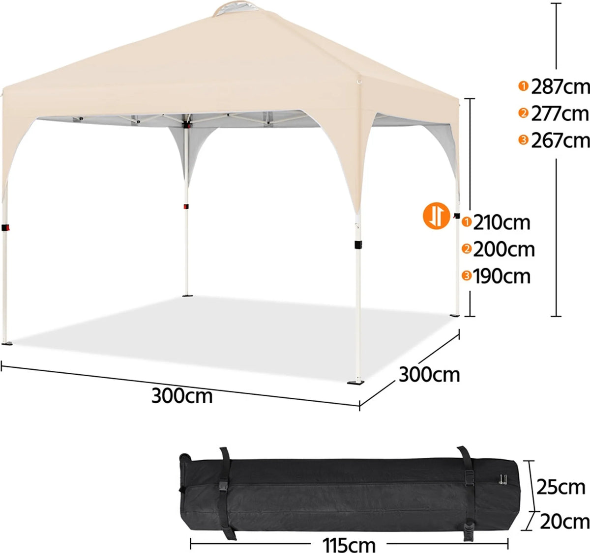 Yaheetech Pop-up Paviljoen 3 × 3 m In Hoogte Verstelbaar met Wieltas, Zandzakken en Haringen Beige