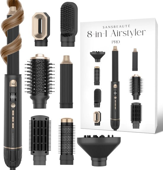 Sansbeauté® 8-in-1 Airstyler met Diffuser - Hairwrap - Multistyler - Fohnborstel Kort Haar - Dupe - Haarstyler - Haardroger - Warmteborstel - Krulborstel - Krultang - Stijlborstel - Coldshot