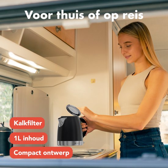 KitchenBrothers Waterkoker - Elektrisch - 1 Liter - Klein Camping Formaat - Reiswaterkoker met Kalkfilter - Titanium Grijs/RVS