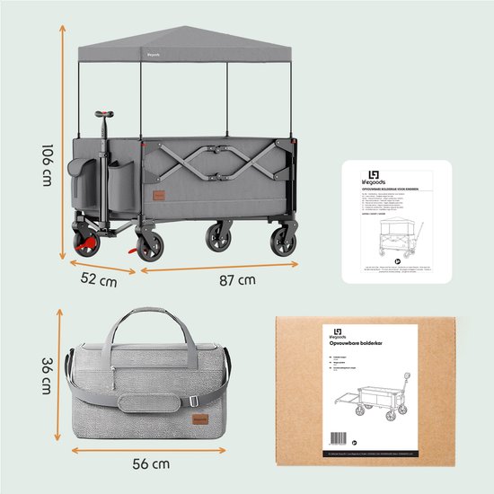 LifeGoods Bolderkar - Opvouwbaar - Kinderenvervoer - Met Dak - 80KG Draagkracht - Strandkar - Draaibare Wielen - Grijs