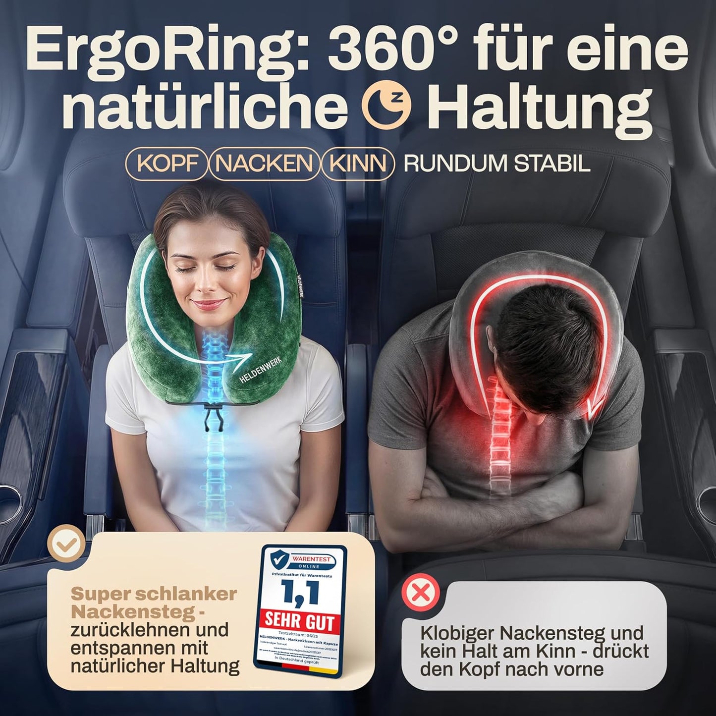 Heldenwerk® Premium Air Nekkussen – ErgoRing – Opblaasbaar – Met Capuchon & Oordopjes