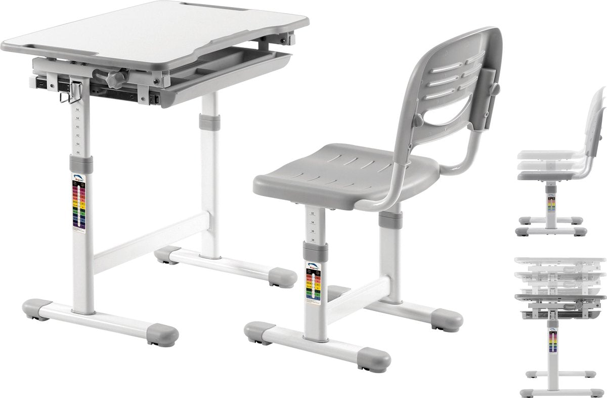 VDD Gaming Kinderbureau met Bureaustoel Hoogte Verstelbaar Grijs/Wit – Kantelbaar Blad – 66 x 47 x 54–76 cm