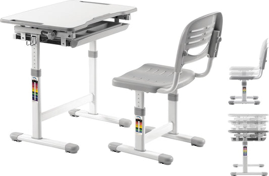 VDD Gaming Kinderbureau met Bureaustoel Hoogte Verstelbaar Grijs/Wit – Kantelbaar Blad – 66 x 47 x 54–76 cm