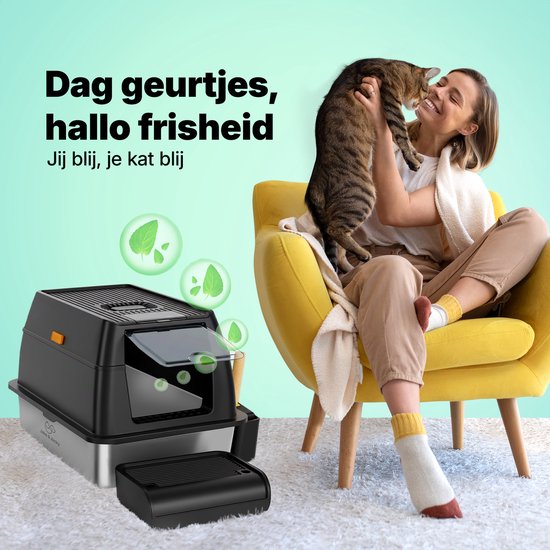 Jake en Jacky RVS Kattenbak - Kattentoilet Roestvrijstaal - Incl. Kattenbakschep met Houder en Gritopvang Opstapje - 2 in 1 Open Kattenbak met Afneembare Deksel - 60x40x38cm - Zwart