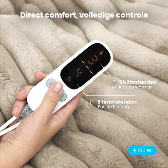 Auronic Elektrische Deken - 200 x 180cm - 2 Persoons - Warmtedeken - 3 Warmtestanden - Pluche - Verwarmingsdeken - Taupe